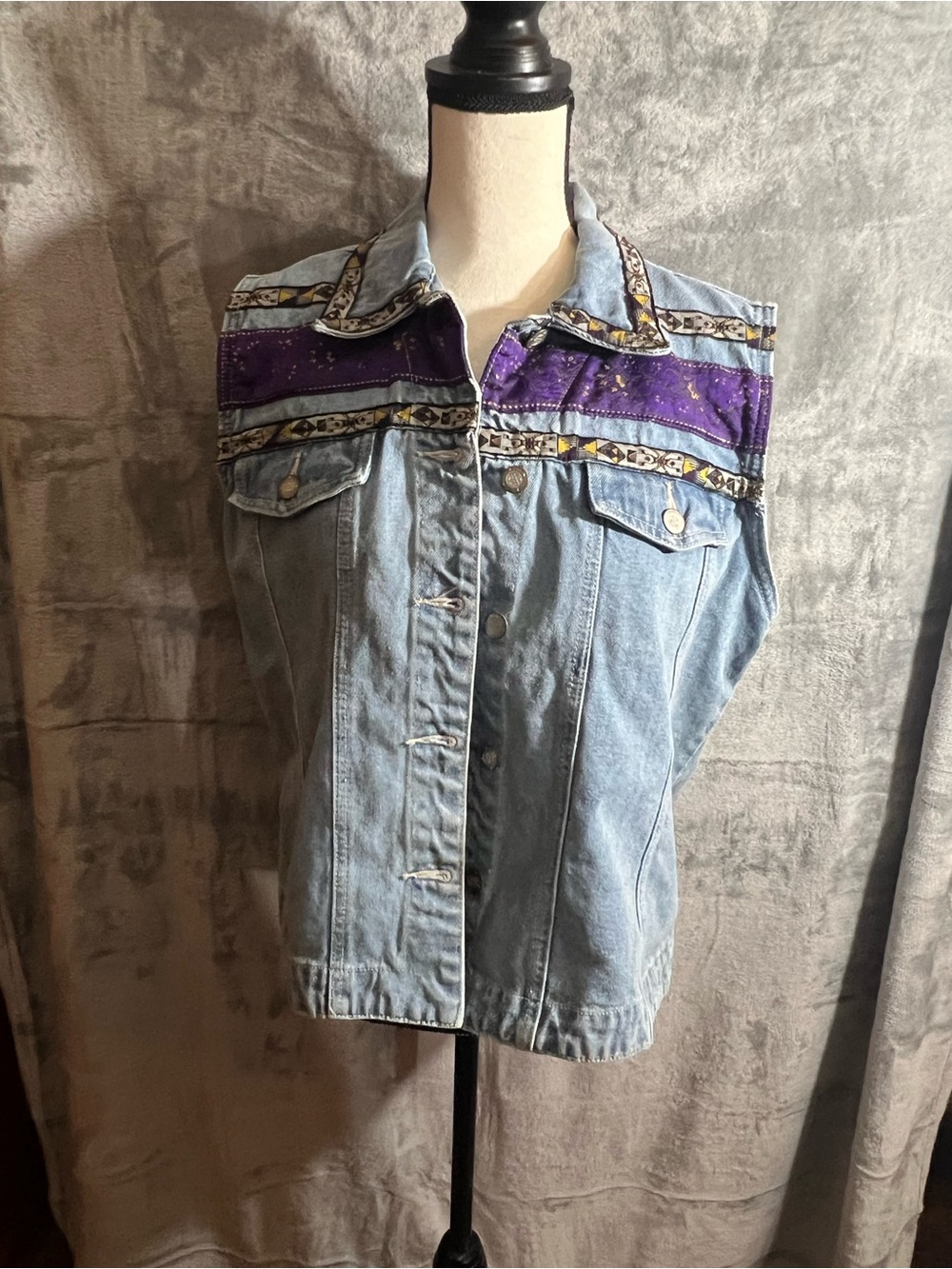 Denim Sleeveless Jacket with Purple Band Detail